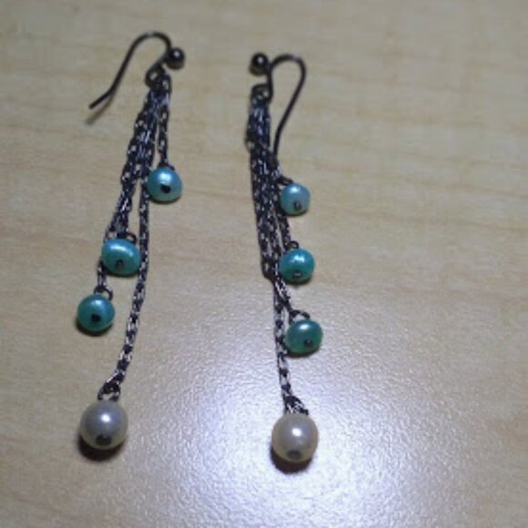 Teal & White Beaded Dangle Chain Earrings : 2 1/4" long - Picture 5 of 9